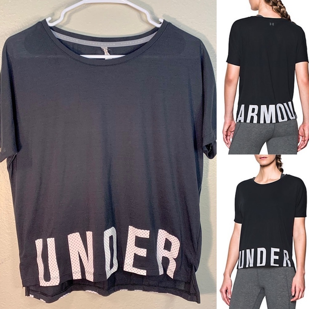 Under Armour Fitness Black with Mesh Wordmark Hem Black Short Sleeve - Small